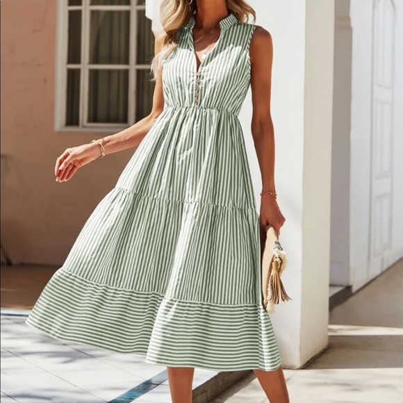 Boho striped notched neck button detail dress - Picture 8 of 16